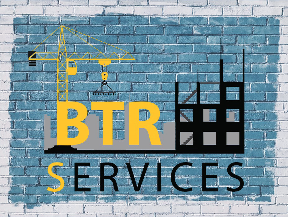 Logo BTR Services con gru e struttura in costruzione